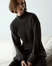 Suéter com Punho Virado de Tricot Canelado - Cinza Escuro