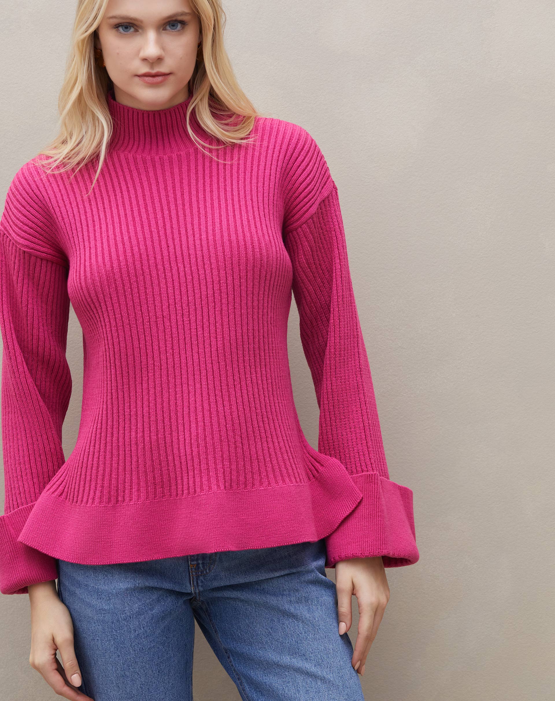 Suéter de Tricot Canelado com Punho Virado - Rosa Escuro