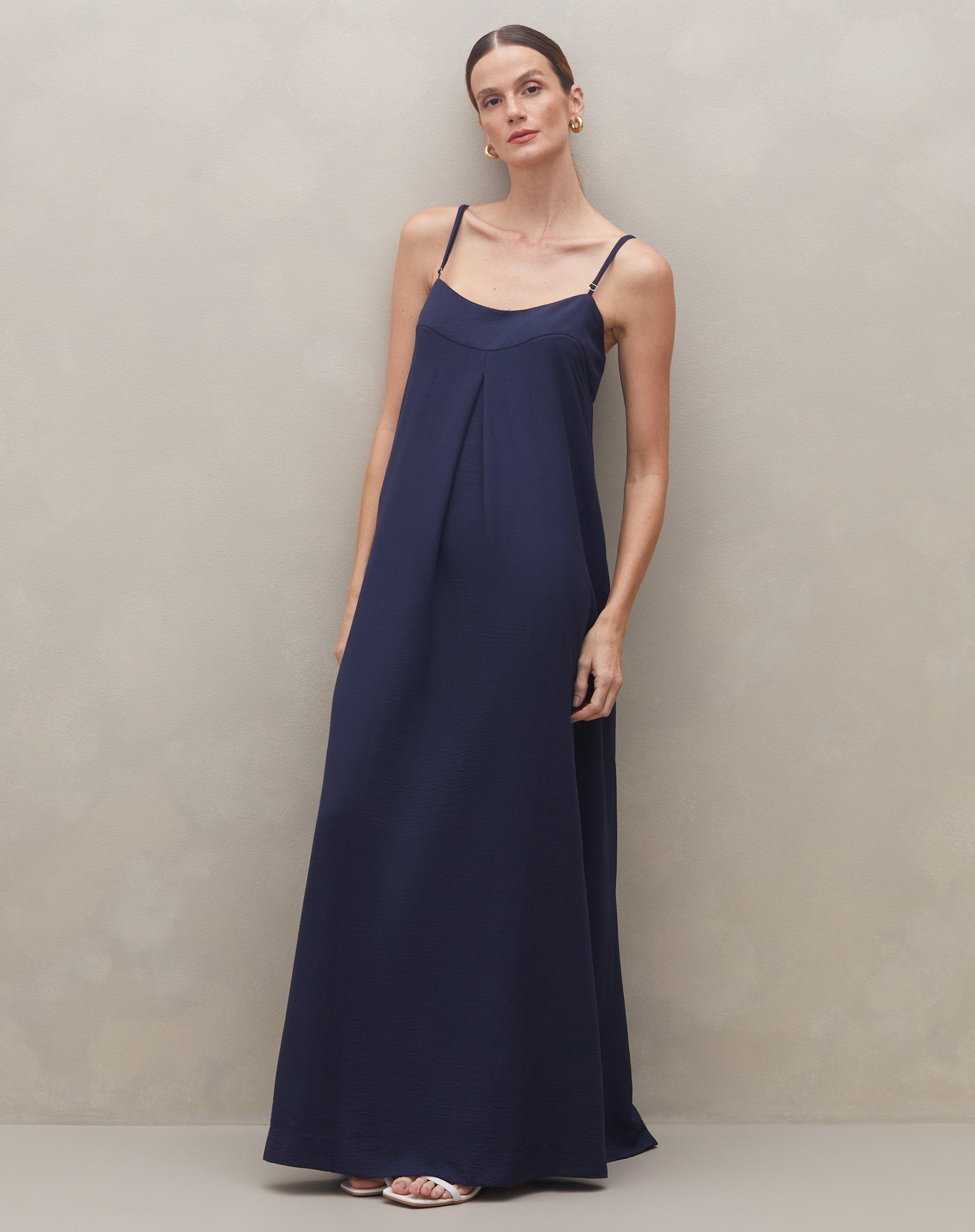 Vestido Longo de Alça com Prega - Azul Marinho