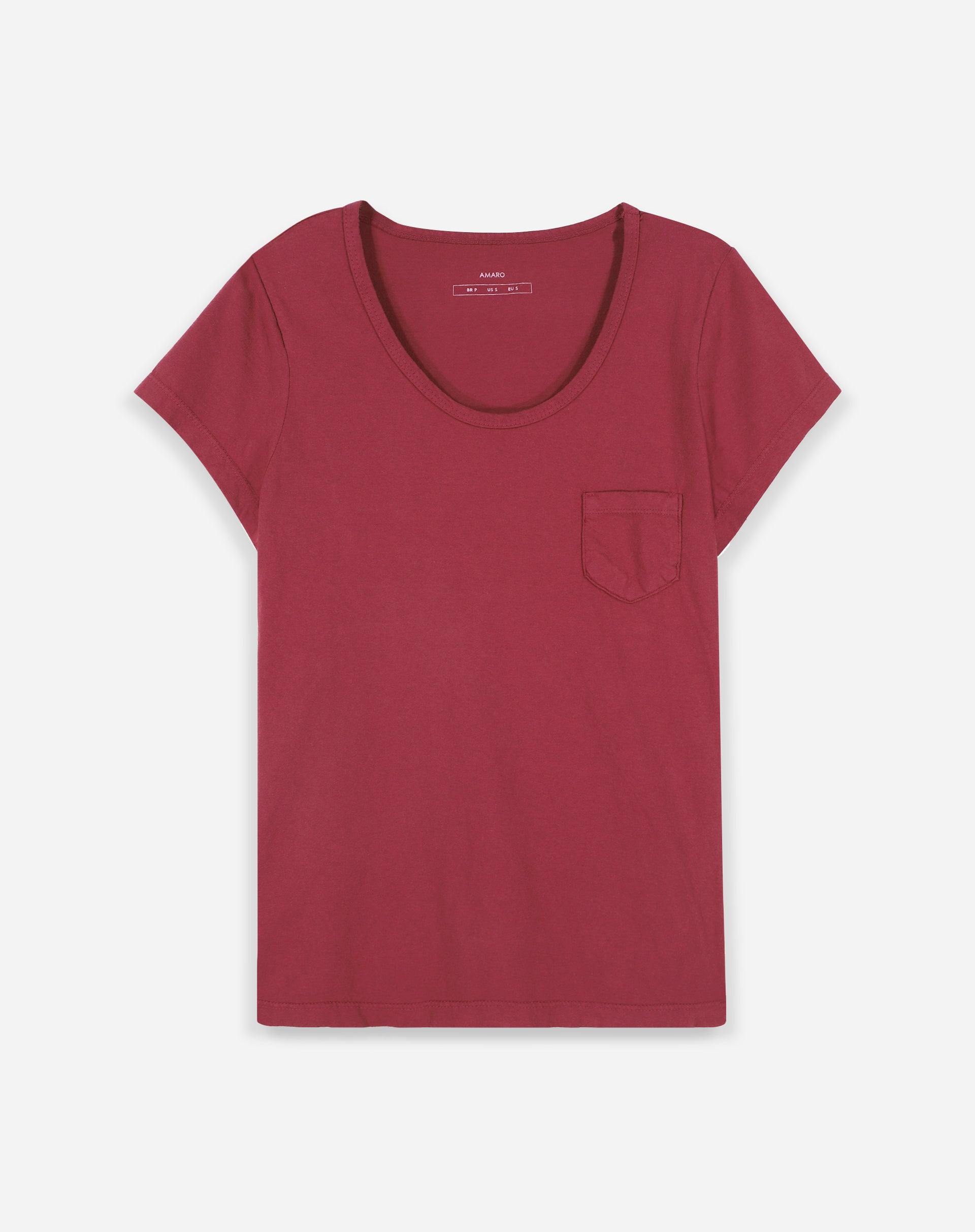 T-shirt Decote U com Bolso Estonada - Vinho