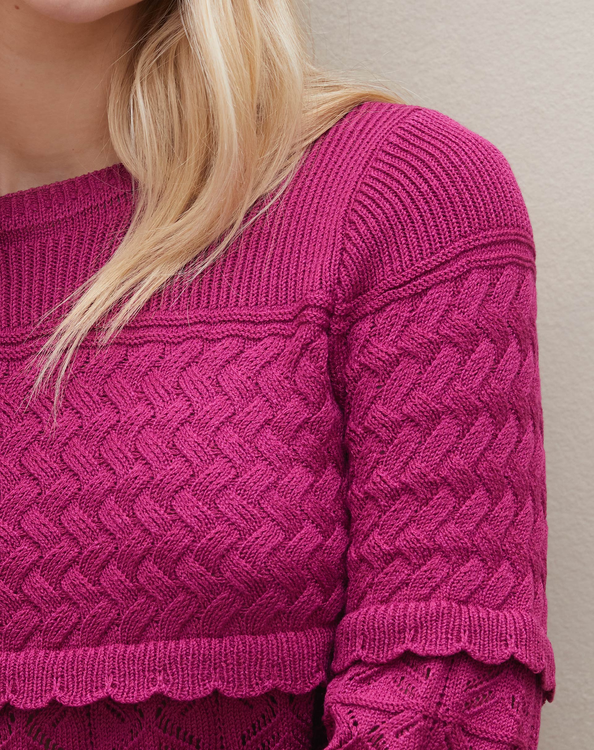 Suéter Manga Sino de Tricot com Textura - Rosa Escuro