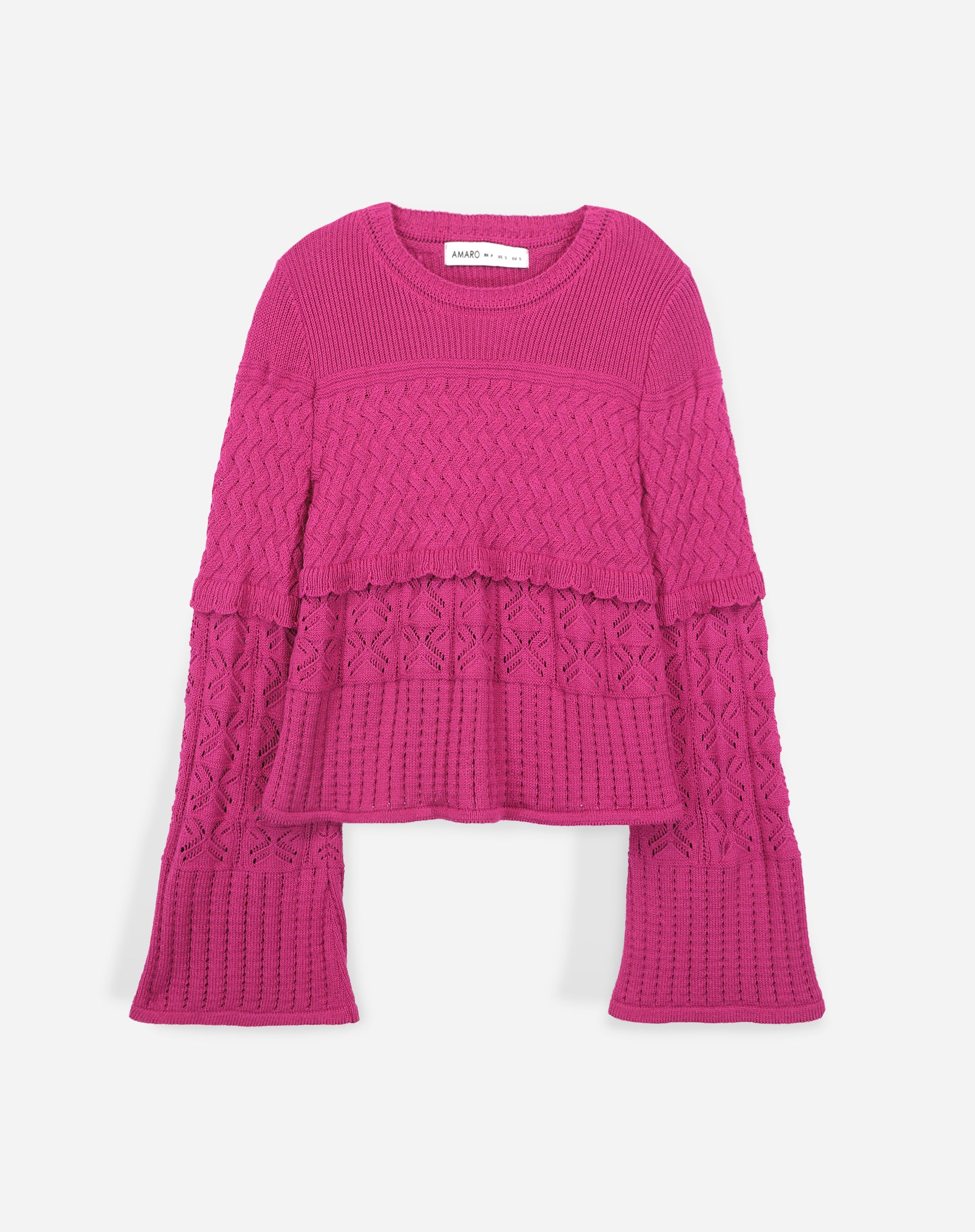 Suéter Manga Sino de Tricot com Textura - Rosa Escuro