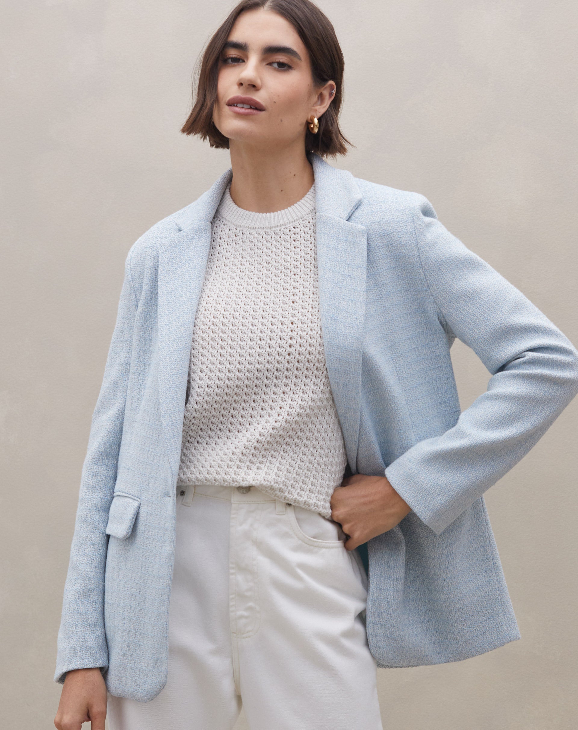 Blazer Alongado em Tweed - Azul Claro