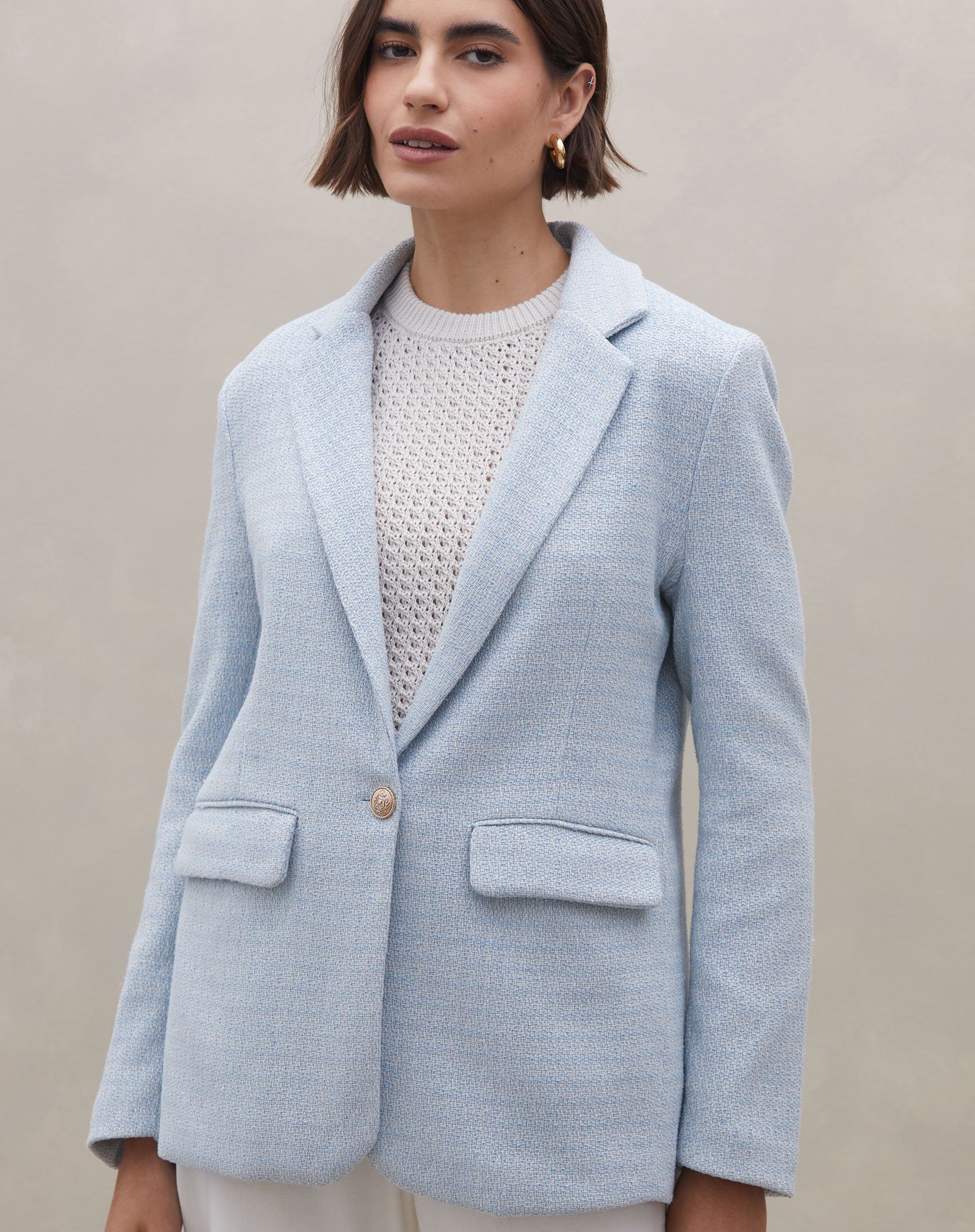 Blazer Alongado em Tweed - Azul Claro