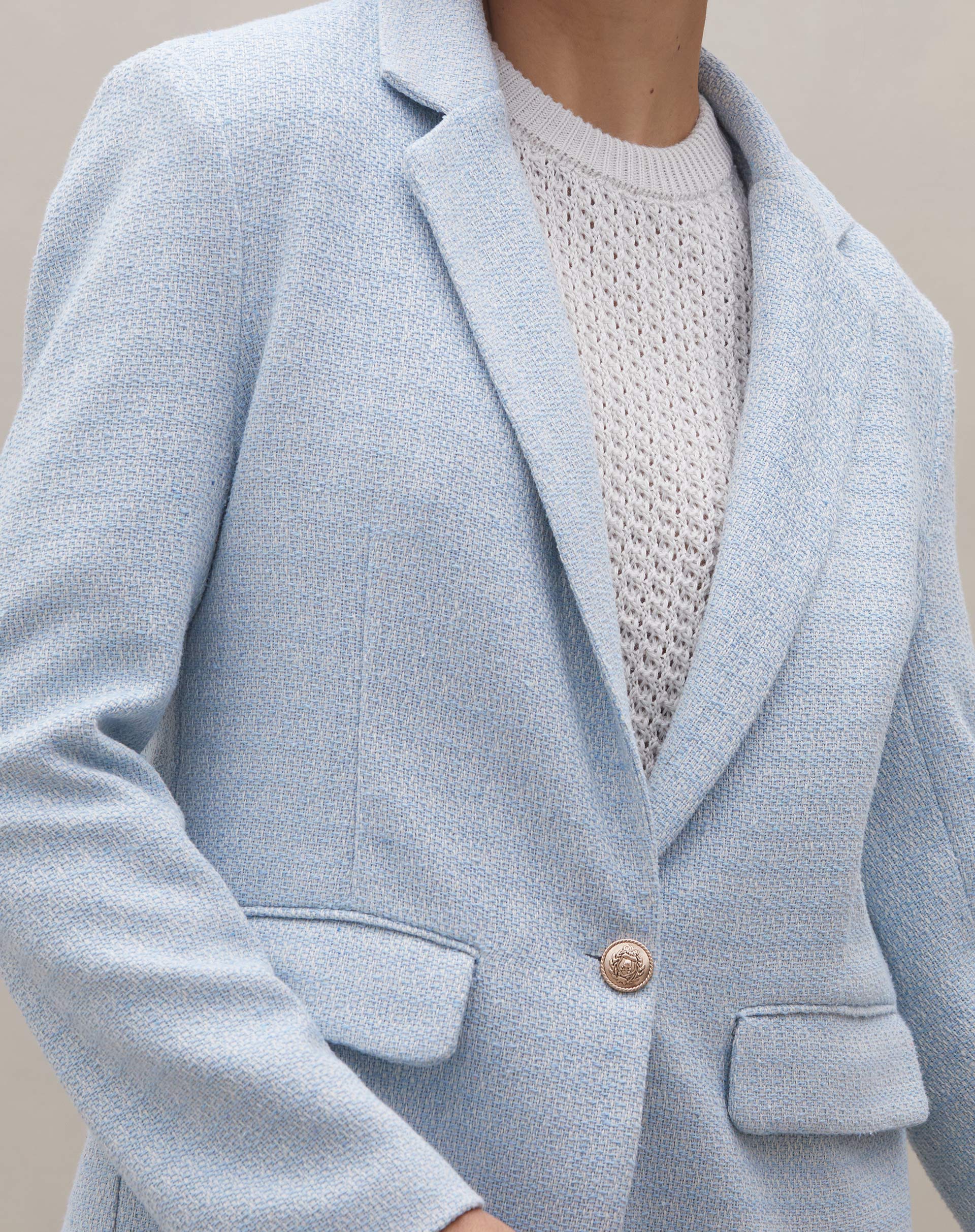 Blazer Alongado em Tweed - Azul Claro