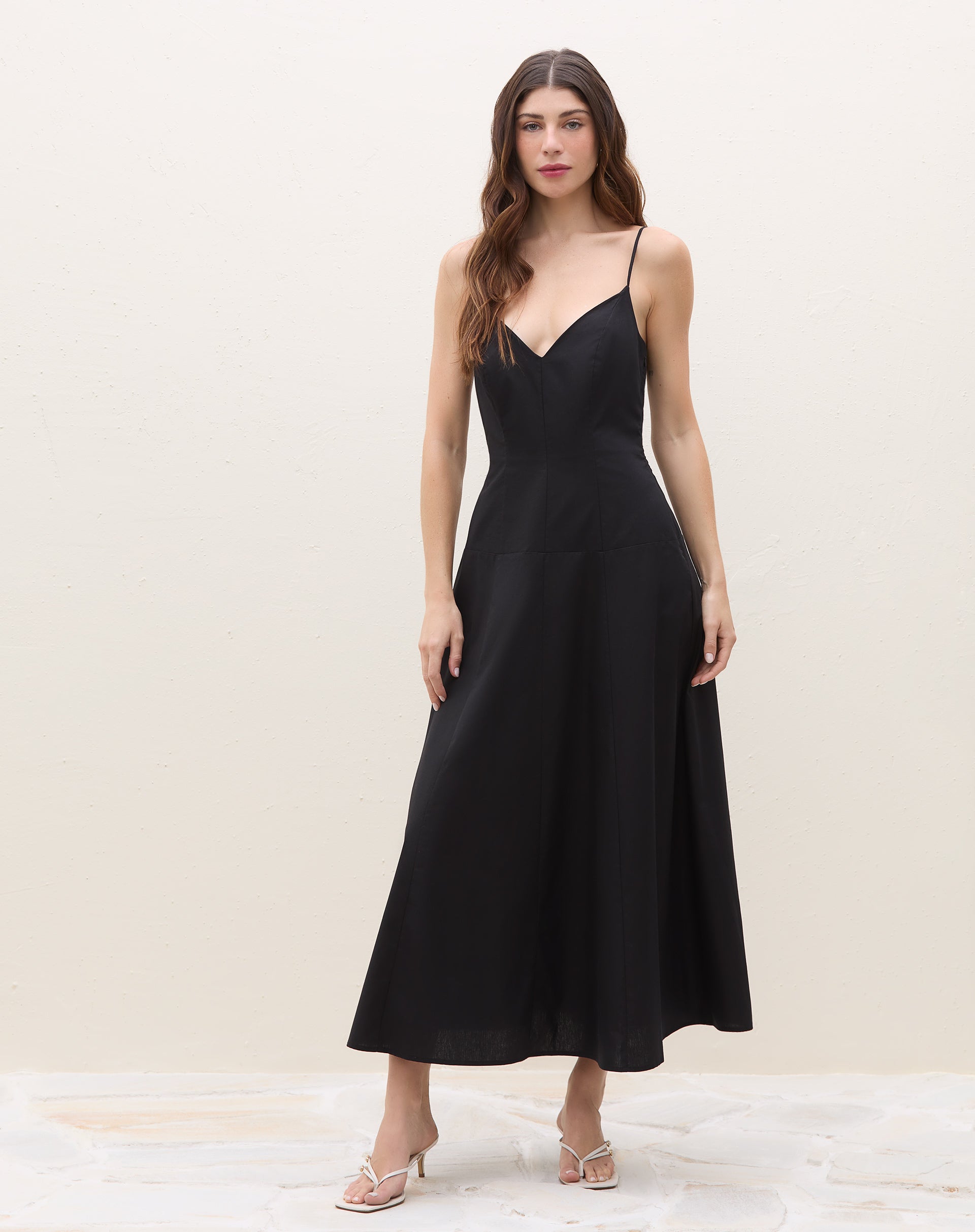 Vestido Midi Alça Fina de Algodão - Preto