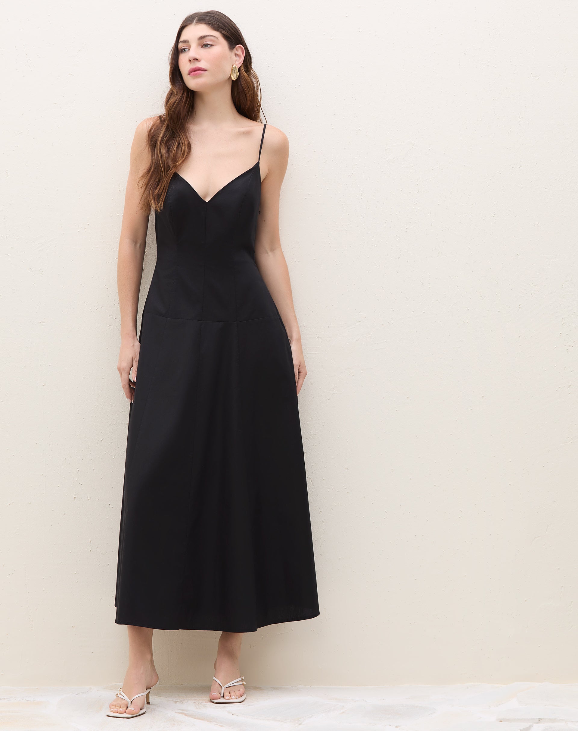 Vestido Midi Alça Fina de Algodão - Preto