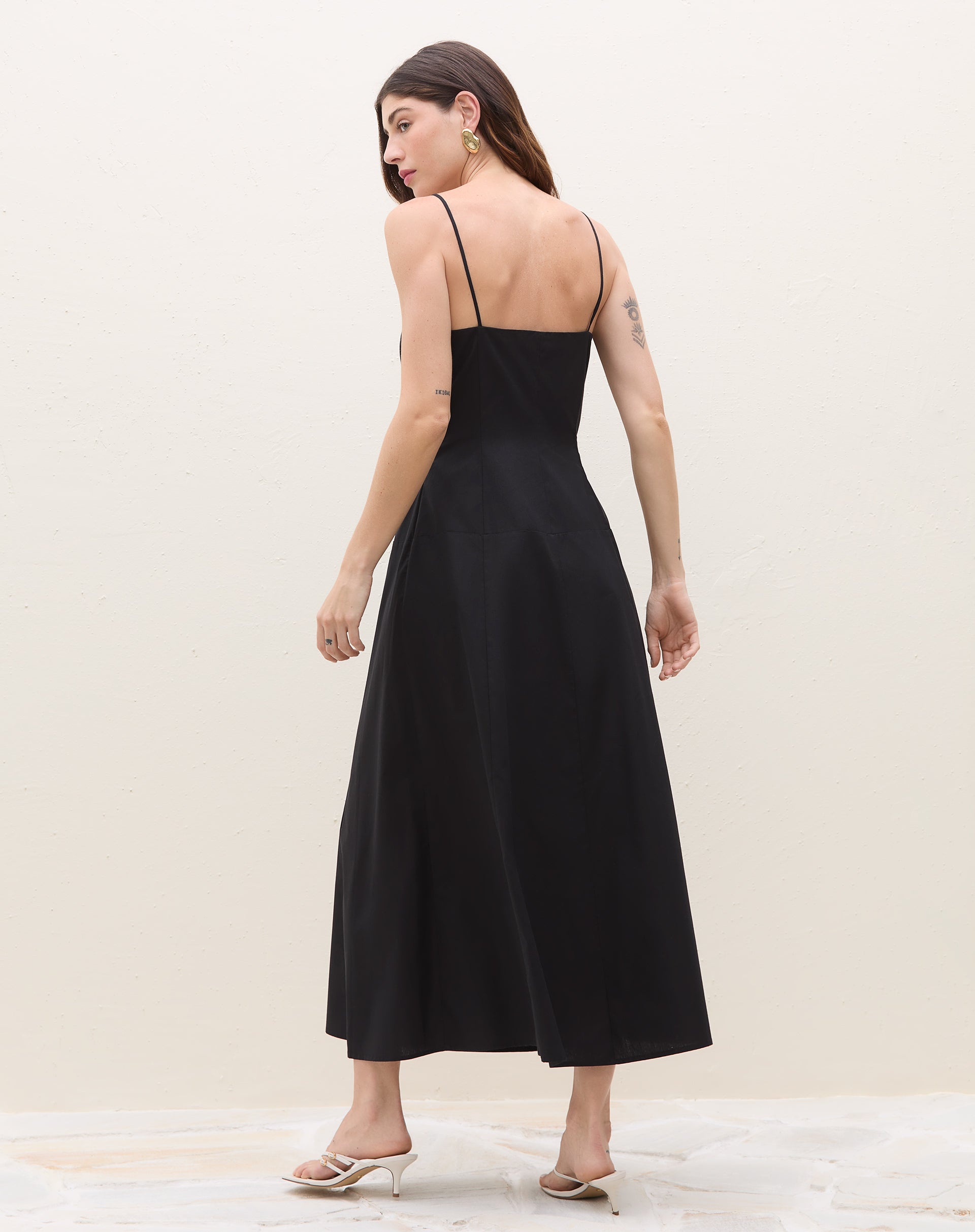 Vestido Midi Alça Fina de Algodão - Preto