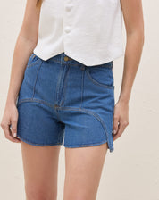 Shorts com Recortes Jeans - Azul Médio