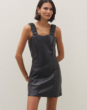 Vestido Curto Alça Franzida de Pu - Preto
