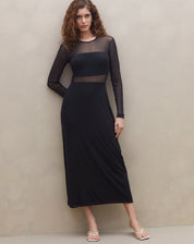Vestido Midi Manga Longa de Tule - Preto