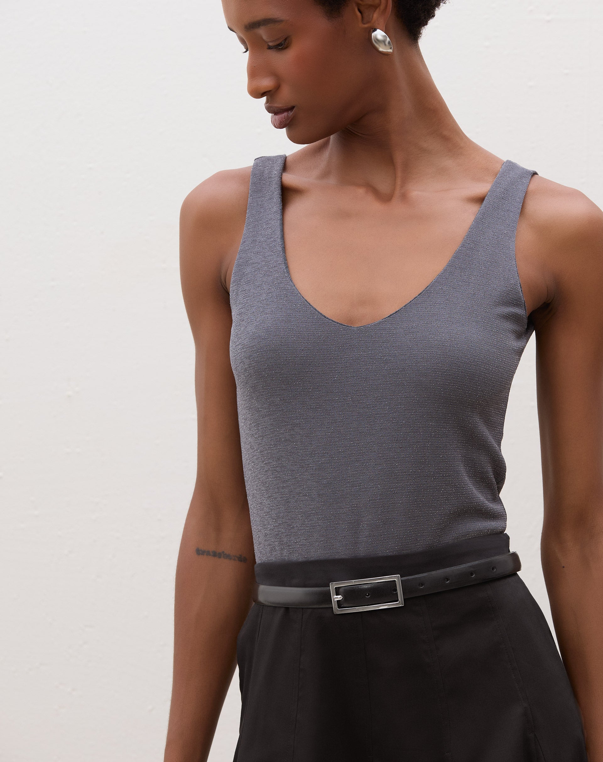 Body Decote U de Malha com Lurex - Prata