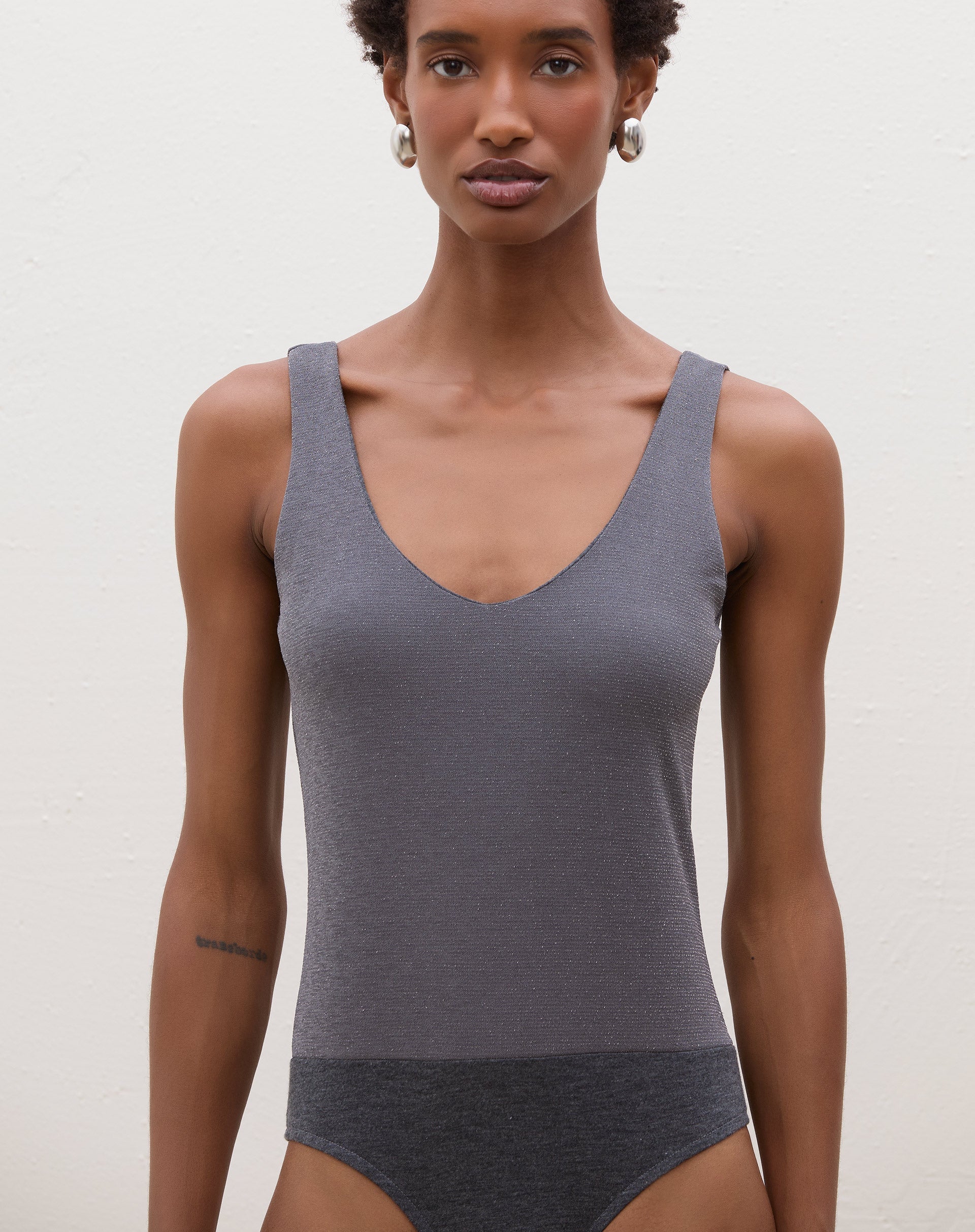 Body Decote U de Malha com Lurex - Prata