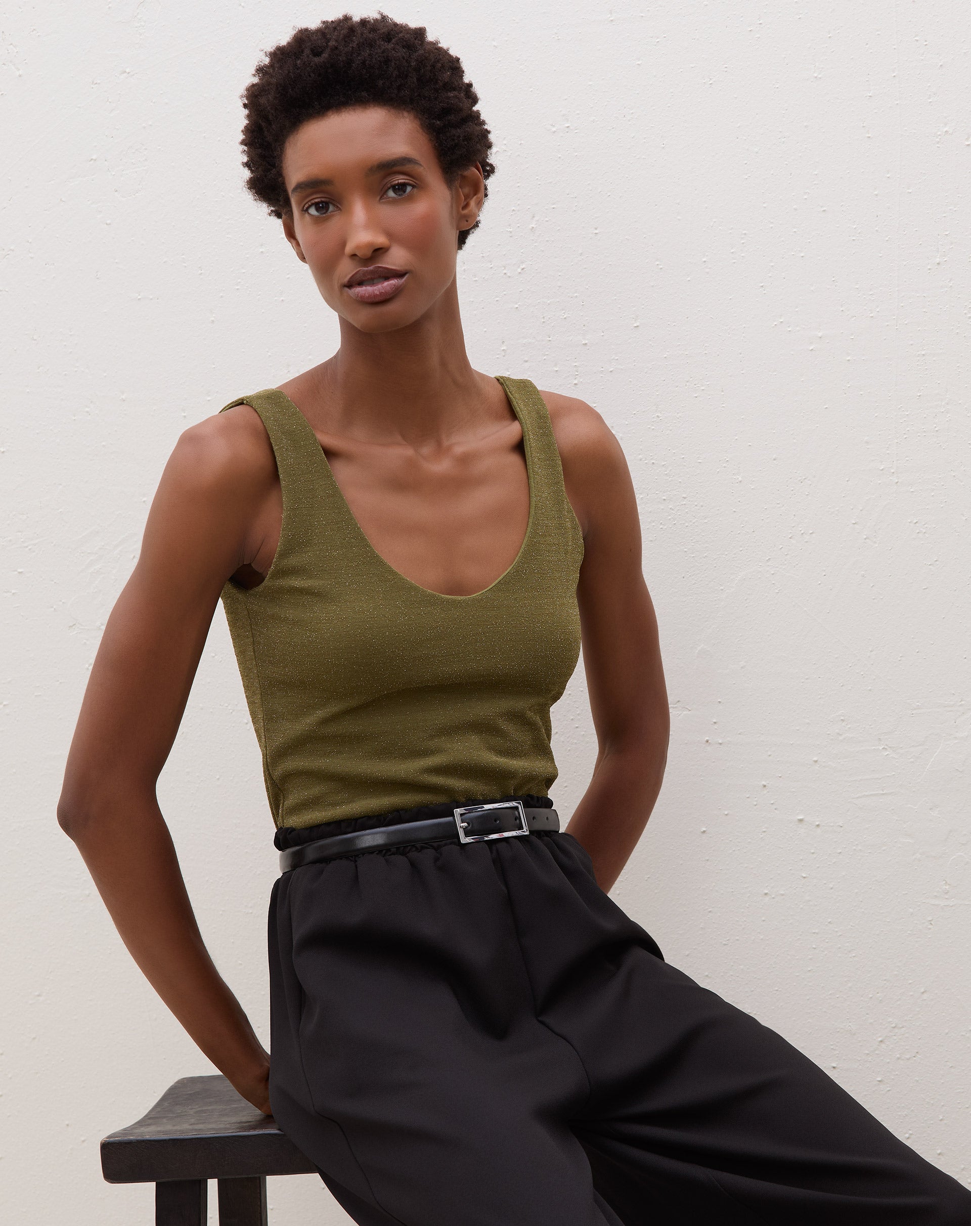 Body Decote U de Malha com Lurex - Verde Militar