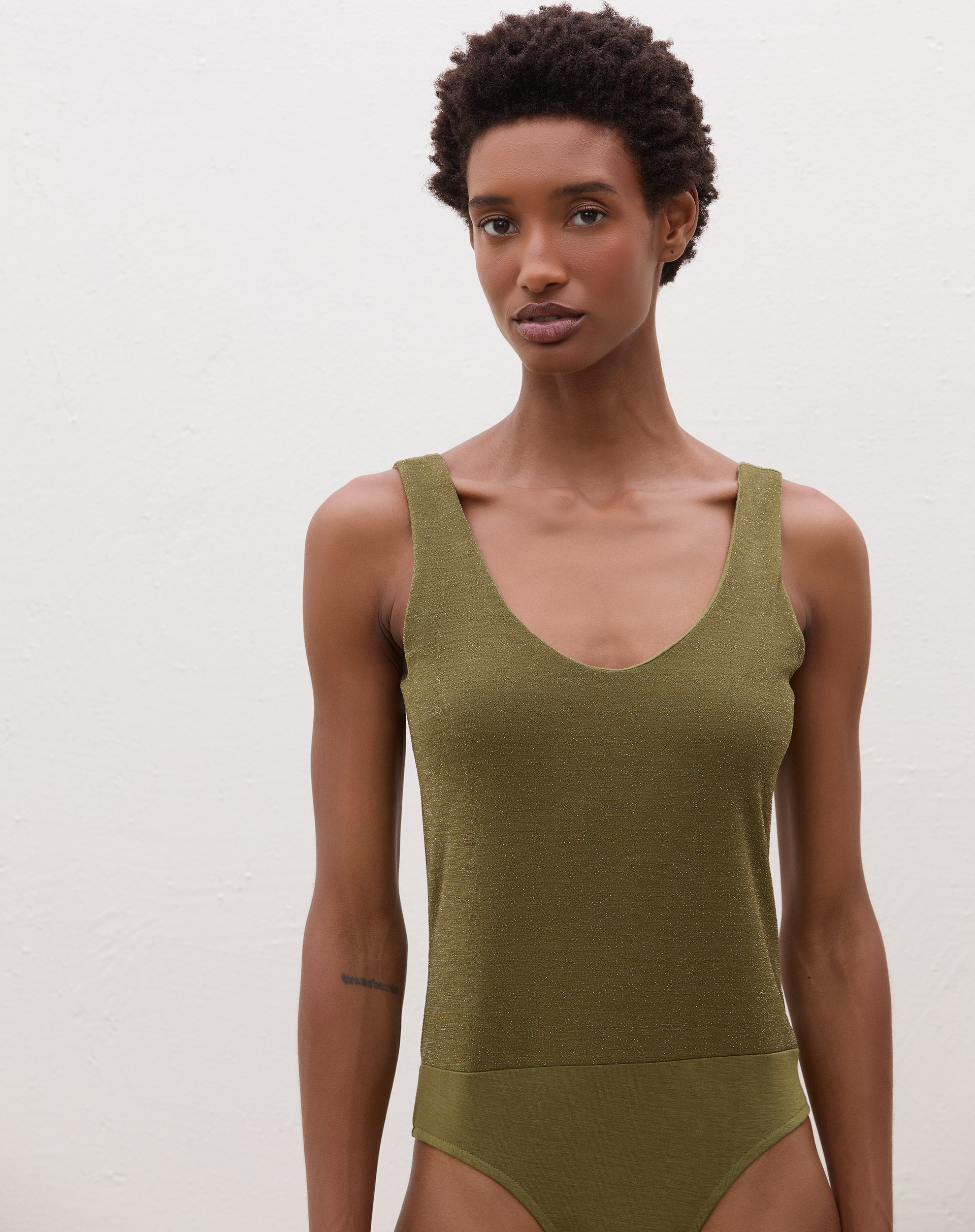 Body Decote U de Malha com Lurex - Verde Militar
