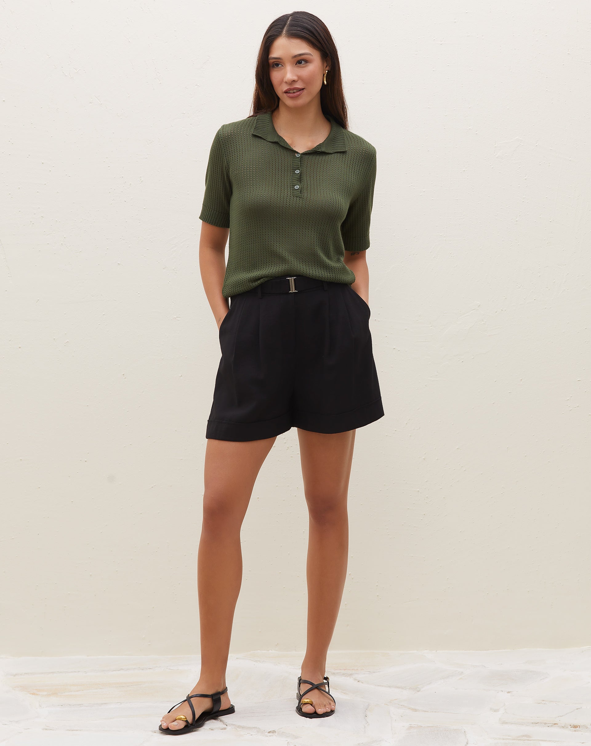 Blusa Manga Curta Gola Polo de Tricot - Verde Militar