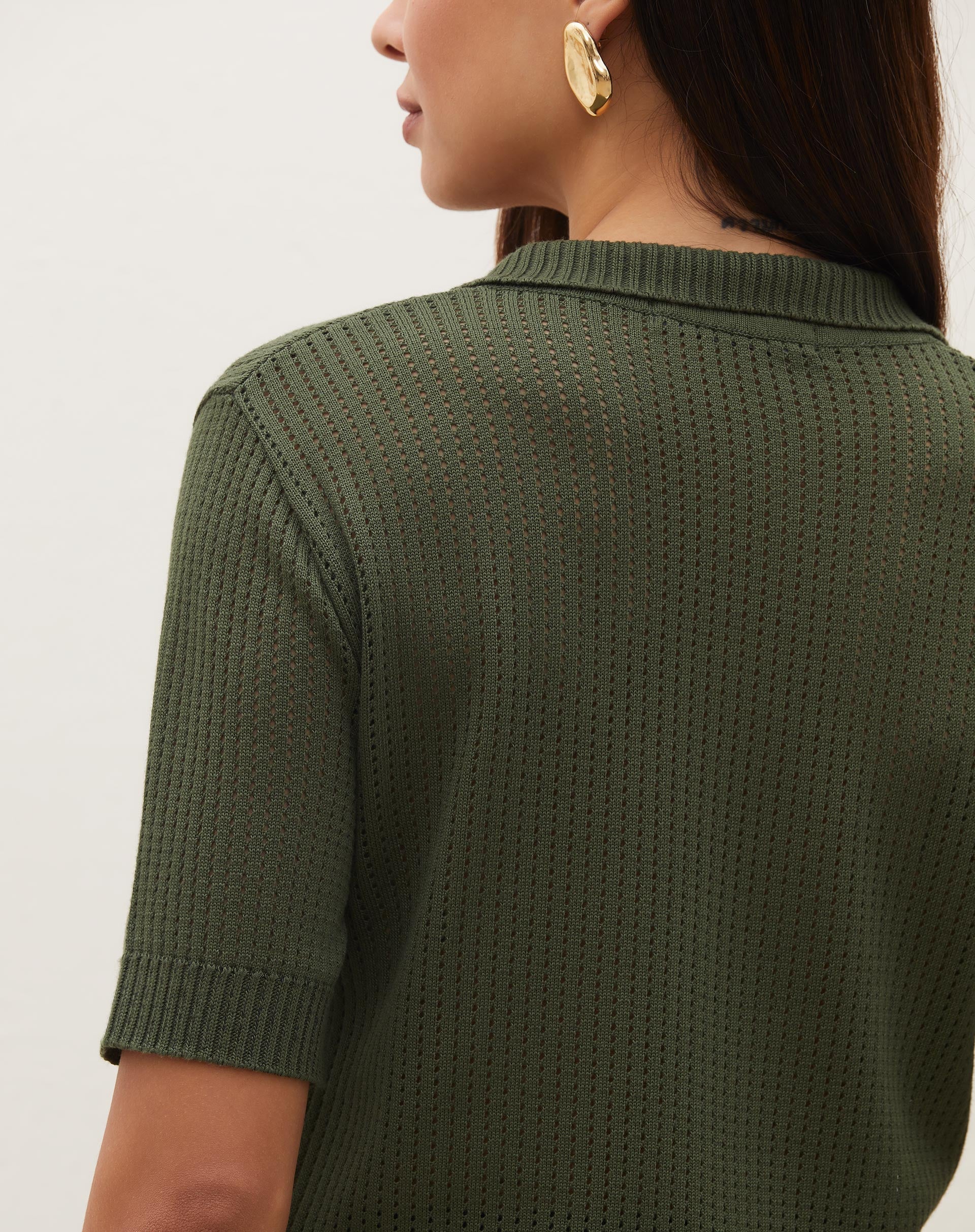 Blusa Manga Curta Gola Polo de Tricot - Verde Militar