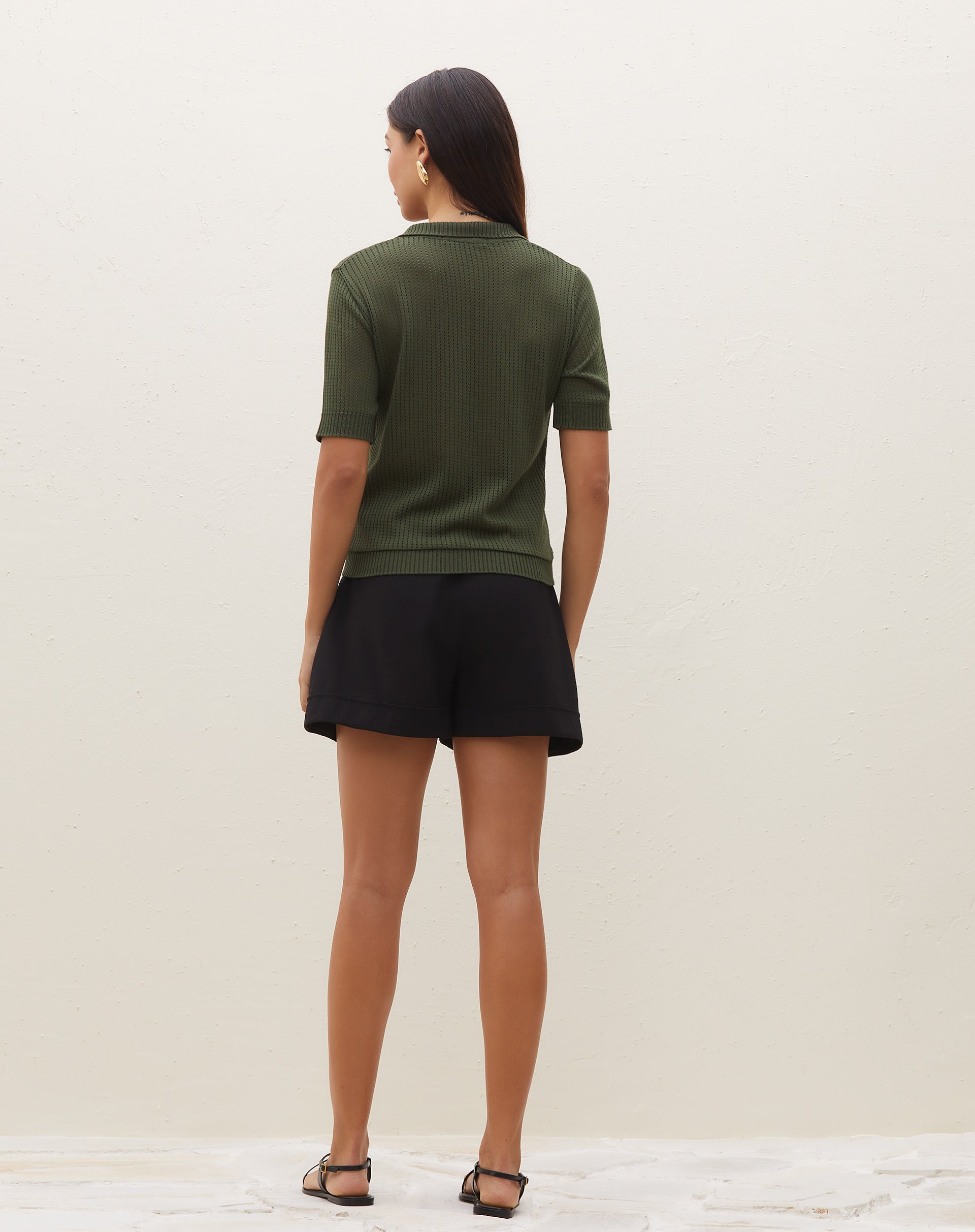 Blusa Manga Curta Gola Polo de Tricot - Verde Militar