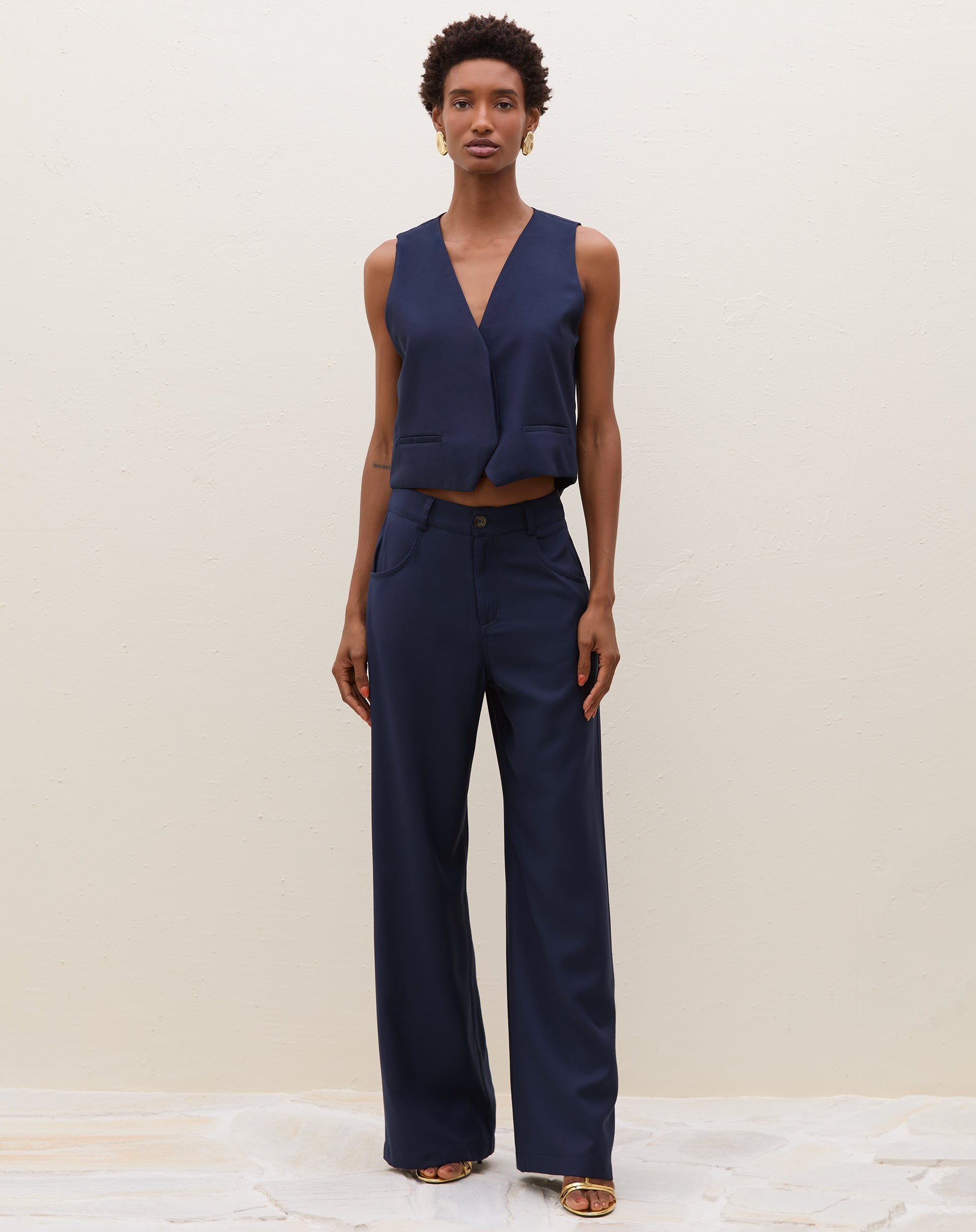 Calça Wide Leg Alfaiataria - Azul Marinho
