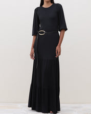Vestido Longo com Recortes de Malha - Preto