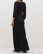Vestido Longo com Recortes de Malha - Preto
