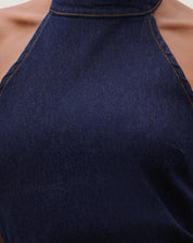 Vestido Midi Decote Fechado Jeans - Azul Escuro
