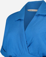 VESTIDO LONGO DECOTE V COM GOLA - AZUL