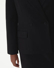 Detalhe do bolso com aba e costura próxima à mão do modelo, enfatizando o tecido plano