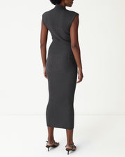 VESTIDO MÍDI TRICOT SEM CAVA RIB - CINZA MESCLA ESCURO