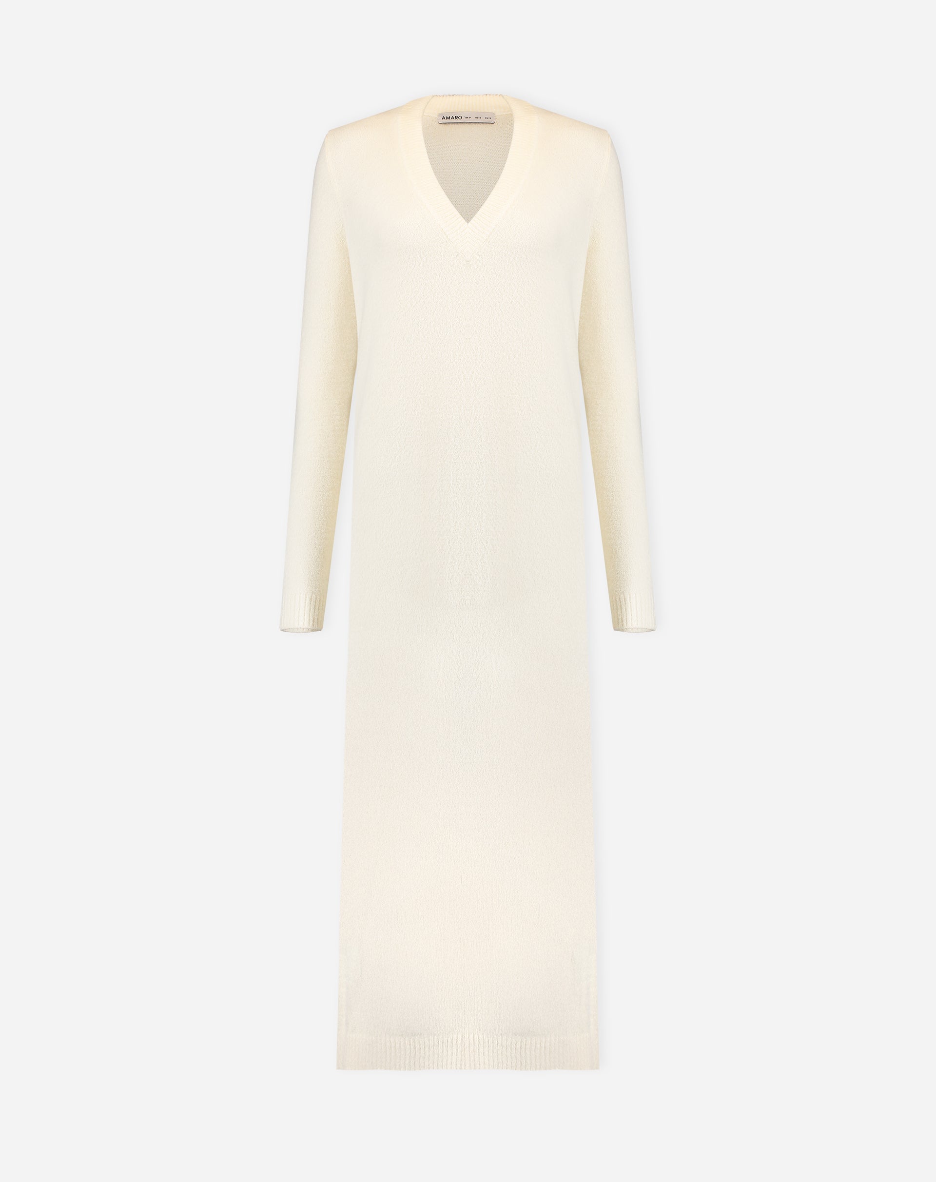 Close-up of the V-neck of off-white knit dress highlighting fabric texture, rib finish, and soft touch