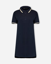 Product image on white background: navy blue polo knit dress, full frontal view highlighting collar, button fastening and short length