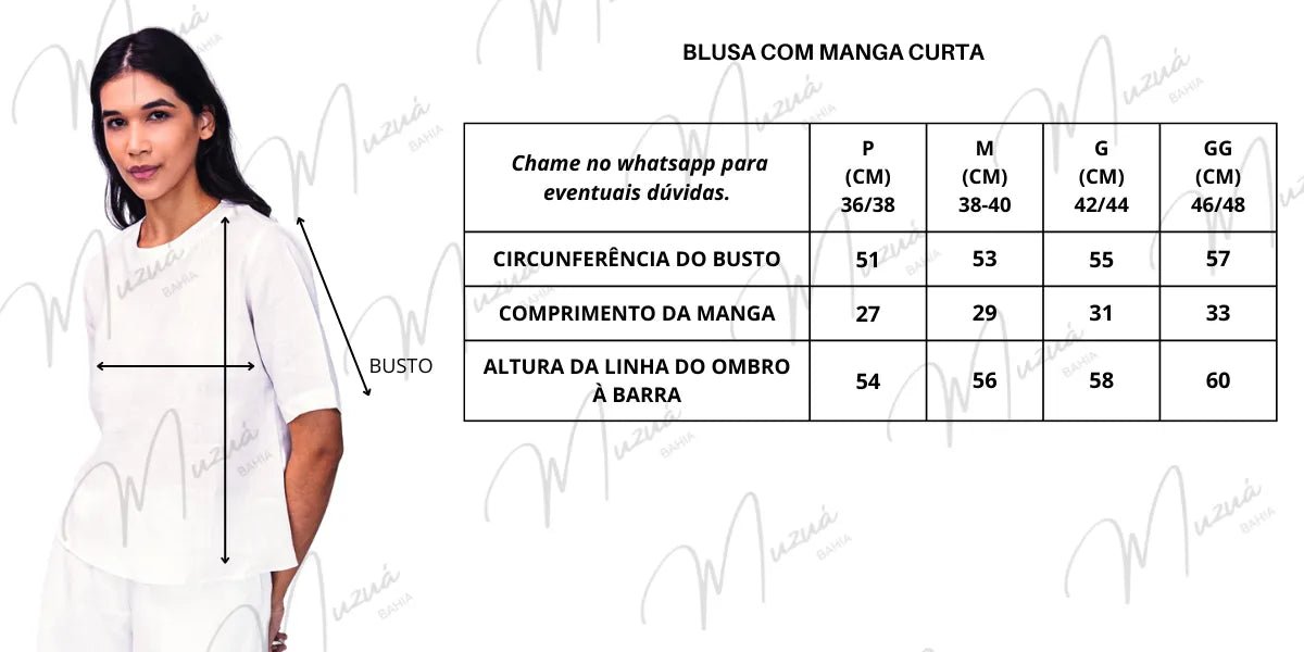 BLUSA COM MANGA CURTA E GOLA REDONDA DE LINHO PURO NATURAL - BRANCO