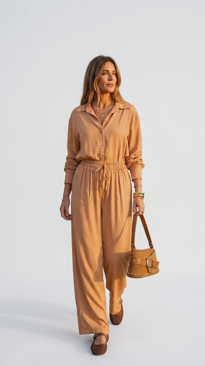 Calça Wide Leg de Viscose - Ocre