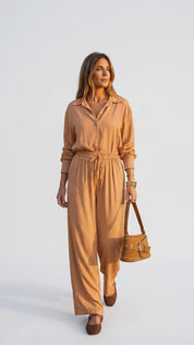 Calça Wide Leg de Viscose - Ocre