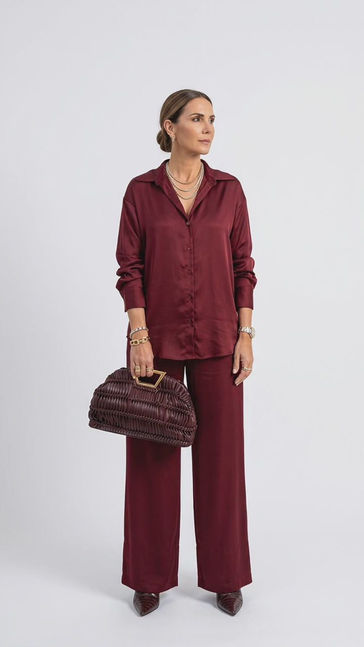 Calça Wide Leg de Viscose - Vinho