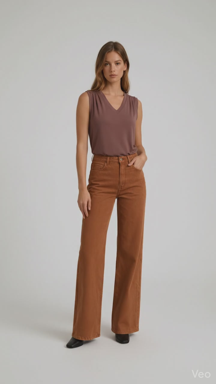 Calça Wide Leg de Sarja - Ocre