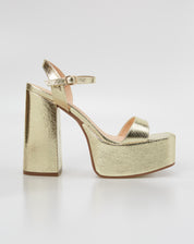SANDÁLIA MEIA PATA BICO QUADRADO SALTO BLOCO ALTO METALIZADA COBRA - DOURADO