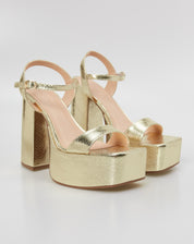 SANDÁLIA MEIA PATA BICO QUADRADO SALTO BLOCO ALTO METALIZADA COBRA - DOURADO