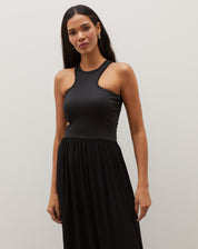 VESTIDO MIDI MALHA COM RECORTES - PRETO