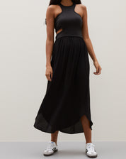 VESTIDO MIDI MALHA COM RECORTES - PRETO