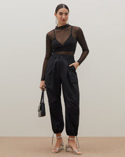 Calça Parachute Com Cós de Elástico e Bolso Cargo - PRETO